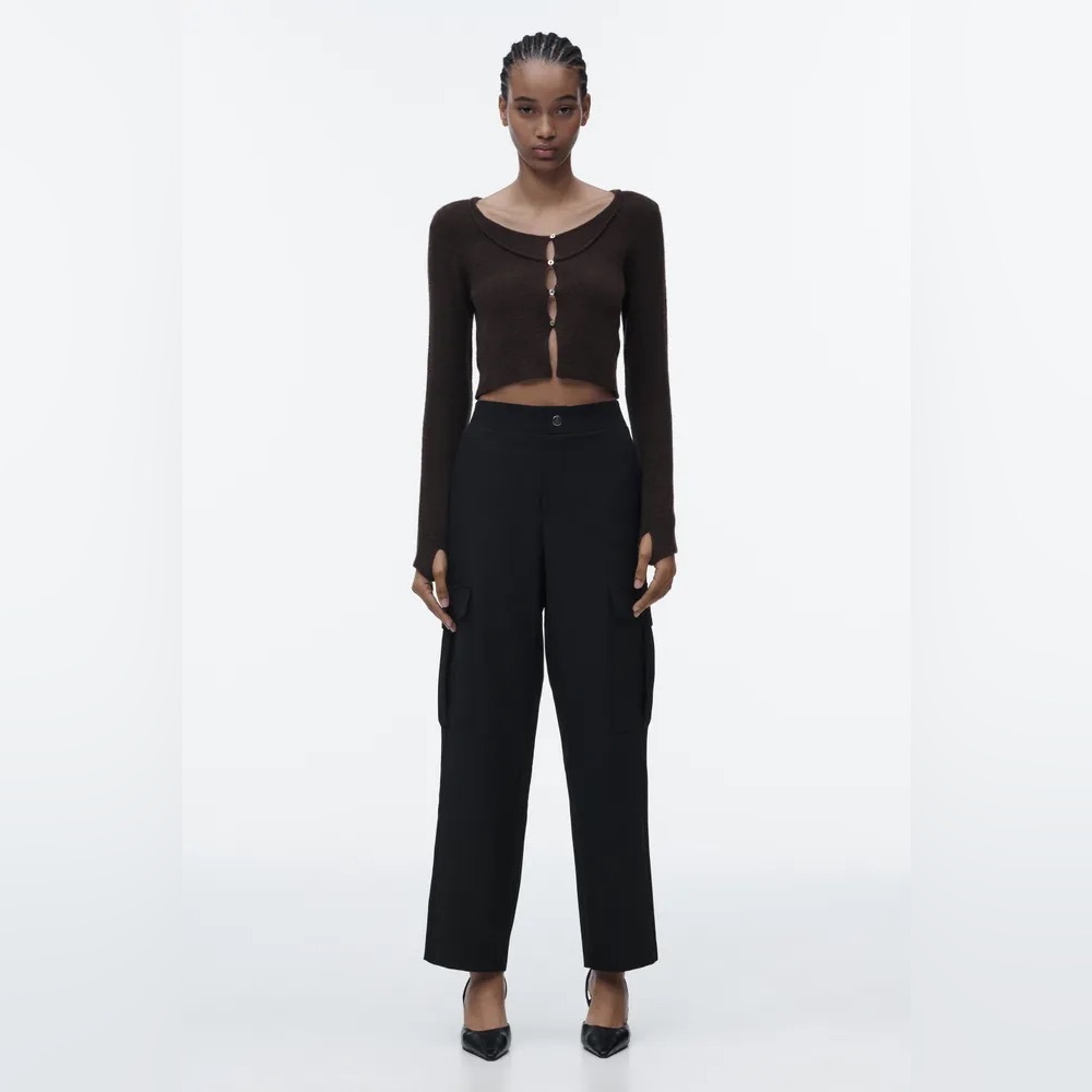 NWOT Zara Black Straight Leg Cargo Pocket Pants High Rise Waist Size XS